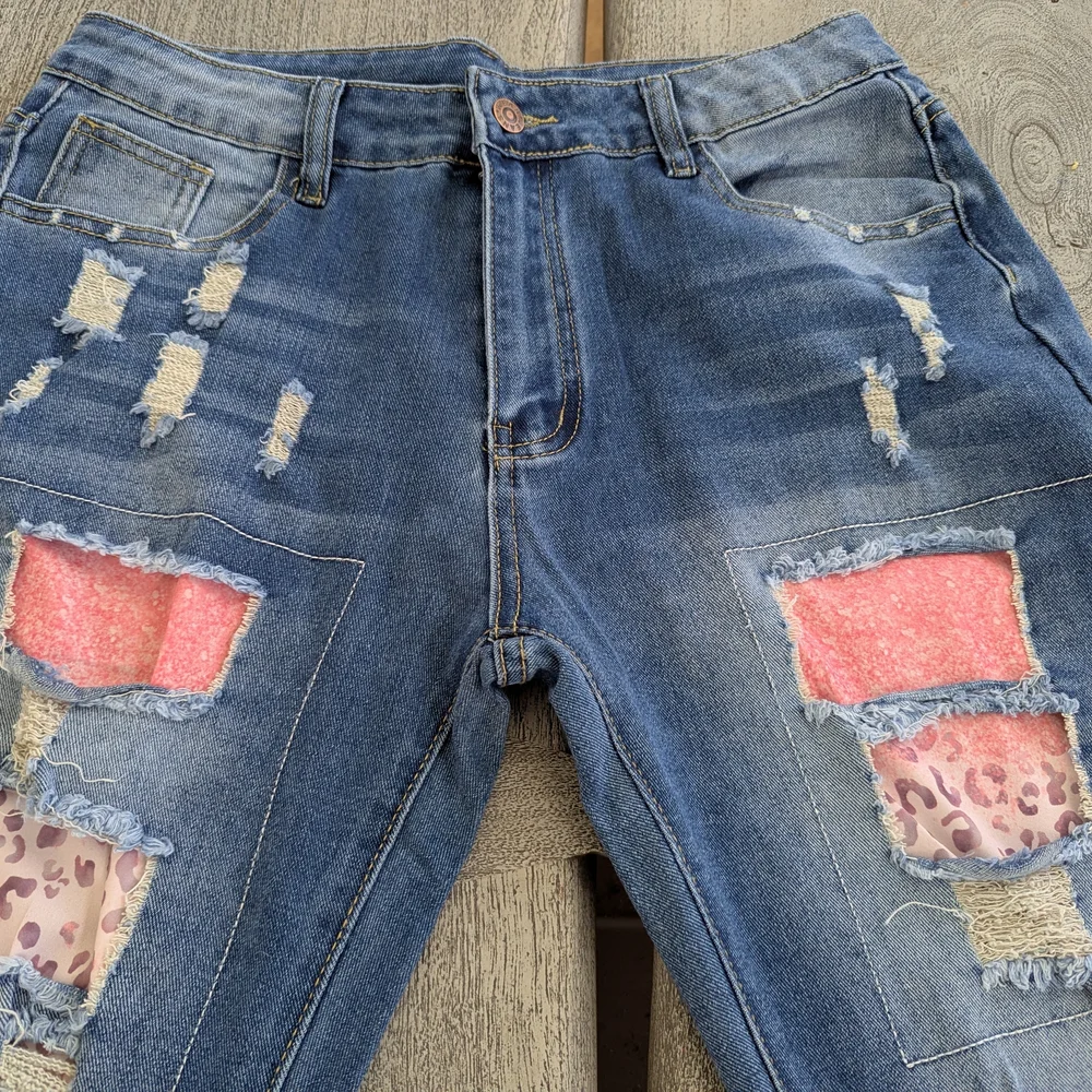 Women’s Blue Distressed Patchwork Jeans with Pink Accents Size M - Picture 2 of 16